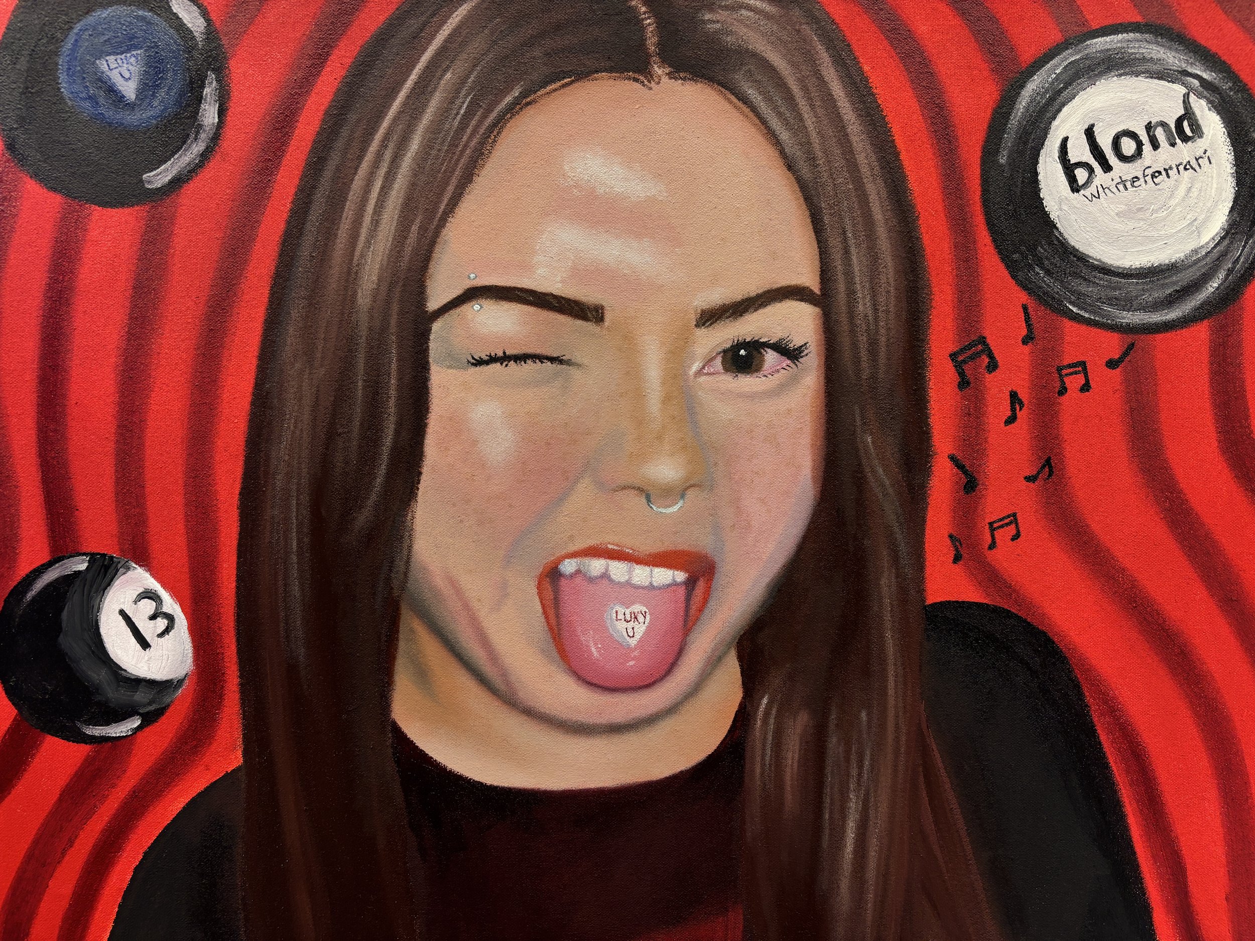 "LUKY U" Marley Kidd, Oil on canvas, 24x18", 2025.
"LUKY U" is a self portrait of Marley. Marley wanted to incorporate symbols of luck to her since the year 2025 is a lucky year according to her Chinese zodiac sign.