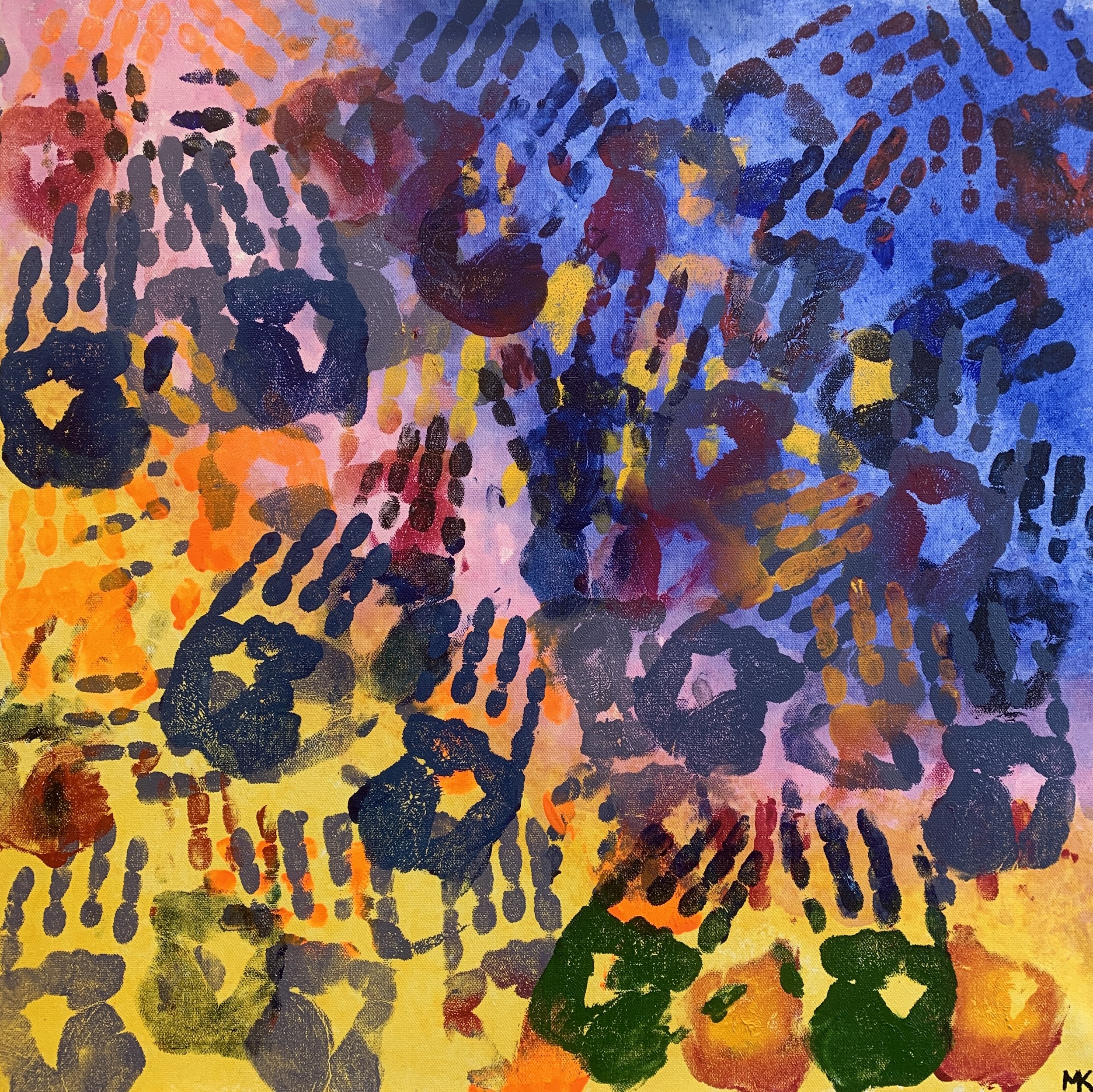 "Motions" Marley Kidd, Acrylic on canvas, 24x24", 2024.
This art work is an emotion tracker documenting 20 days of Marleys life and the emotions she felt within those days. The hands represent each day, color coordinating with the emotions she was f