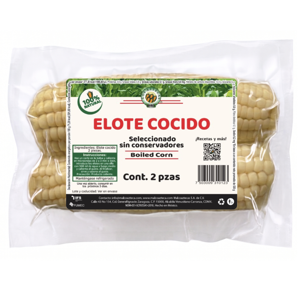 Paquete de elote cocido sin conservadores, dos piezas en envase transparente