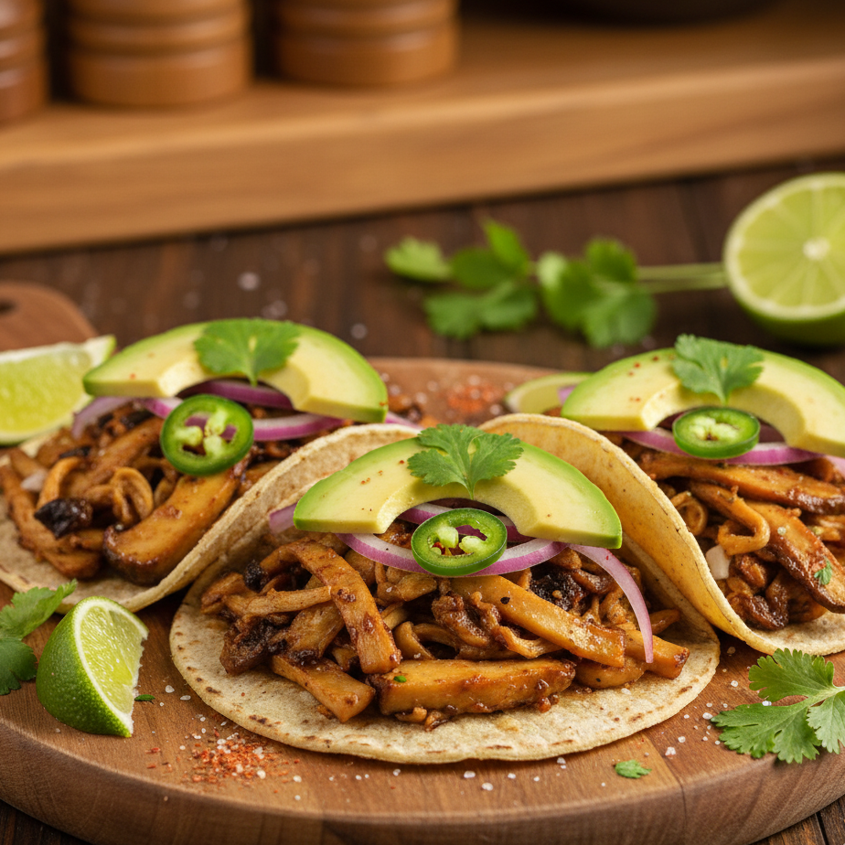 Tres tacos de pastor con aguacate, cilantro, jalapeños y cebolla sobre un plato de madera, con limones y cilantro alrededor.