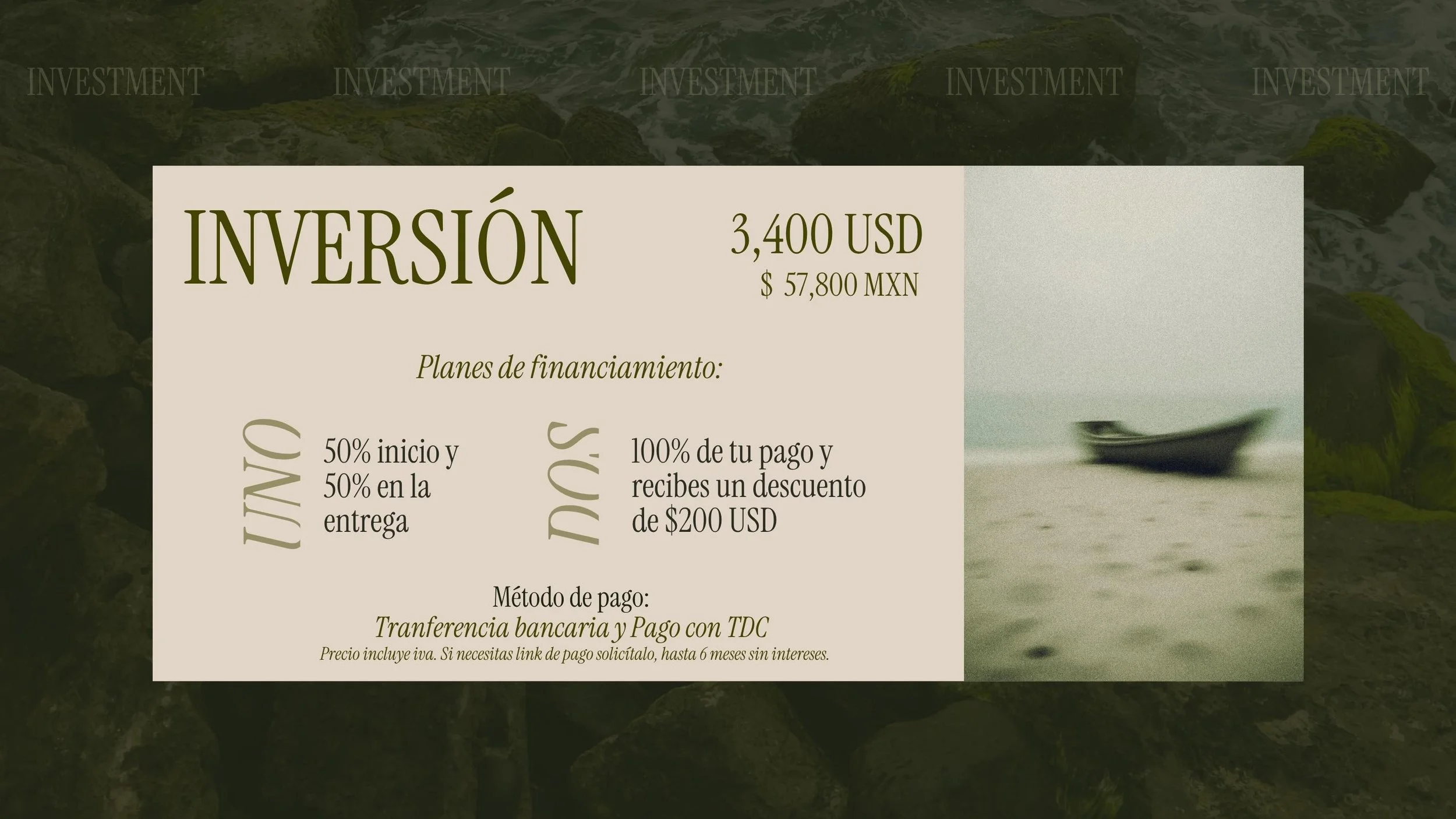 Financial investment plan details in Spanish with a background of rocks and water, showing an investment of $3,400 USD, with plan terms and payment method.