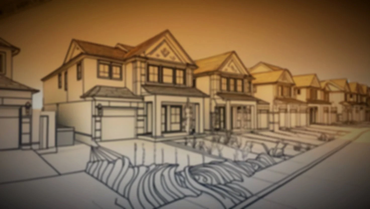 Architectural sketch of a row of modern townhouses with front yards and sidewalks.