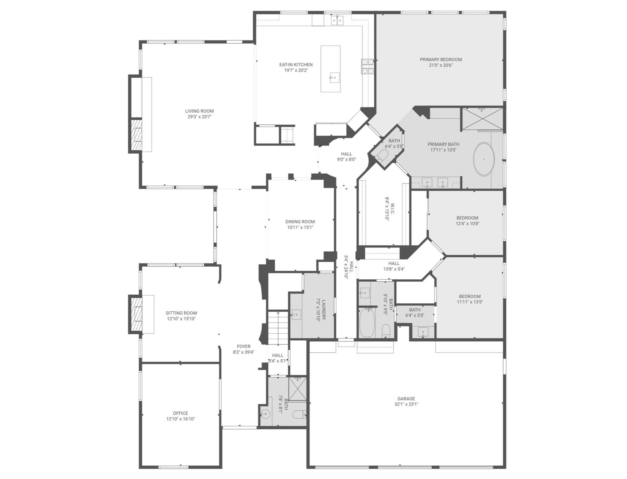 Floor plan of a house with rooms labeled, including living room, eat-in kitchen, primary bedroom, primary bath, dining room, two additional bedrooms, baths, sitting room, office, garage, hallways, and foyer.