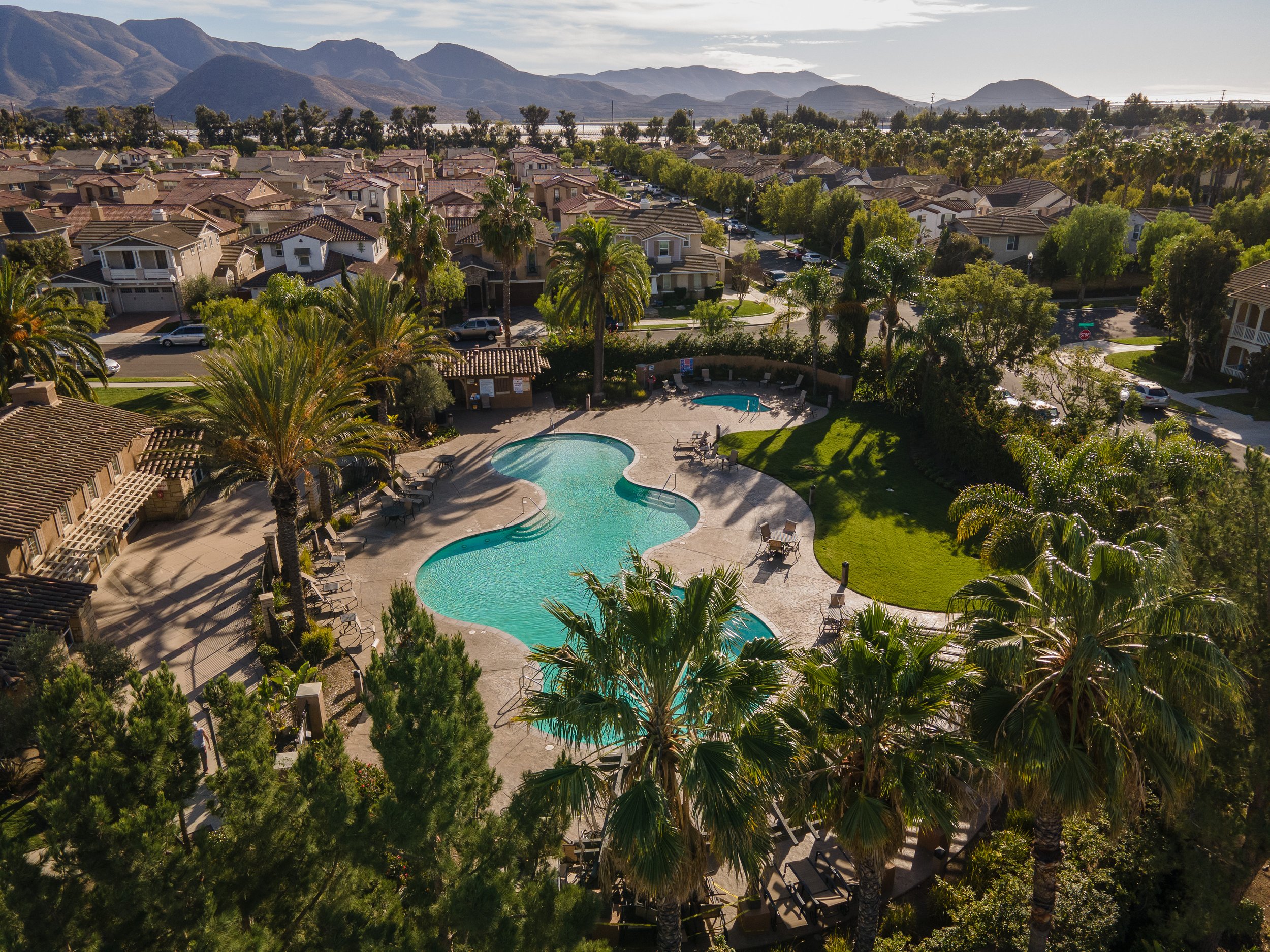 Aerial view of a residential neighborhood with a large, communal, irregular-shaped swimming pool surrounded by palm trees and lounge chairs. Houses and streets are visible in the background, with mountains on the horizon.