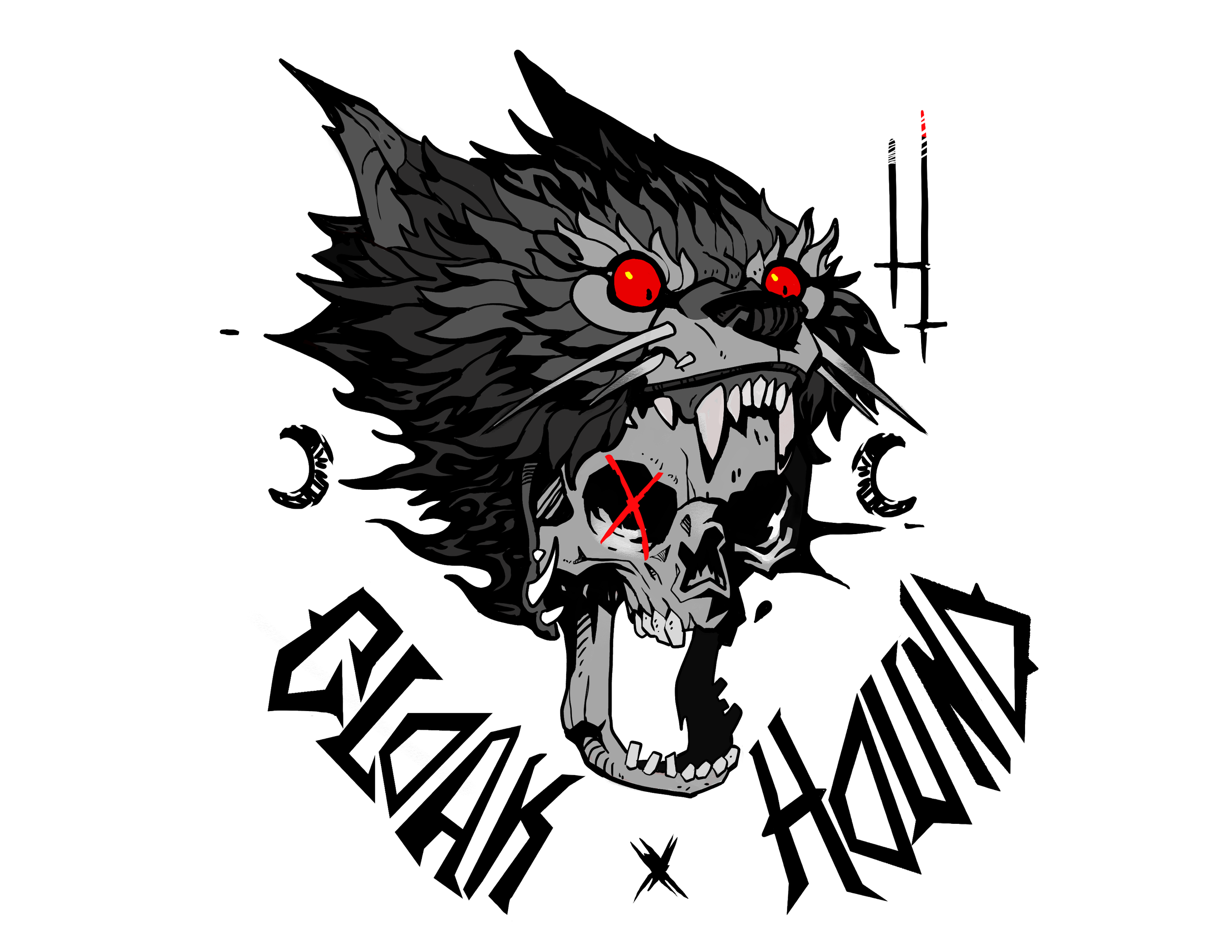 A graphic illustration of a fierce wolf with red eyes, bared teeth, and a torn ear, surrounded by geometric shapes and stylized elements.