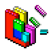 Pixel art of colorful building blocks in red, yellow, green, purple, and blue.