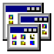 Three overlapping computer windows showing colorful grid icons on their screens.