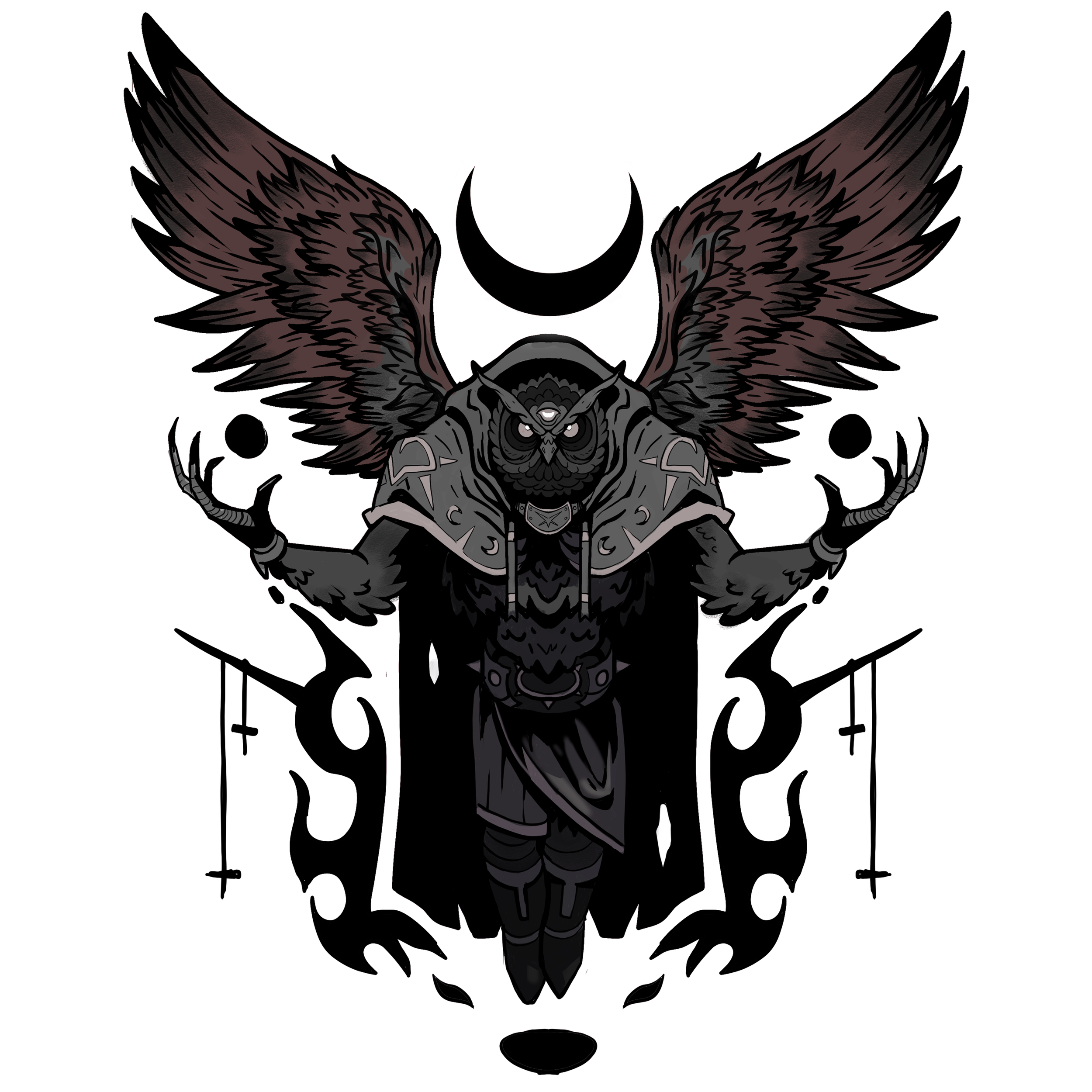 A dark fantasy illustration of a bird with a human face, spread wings, wearing armor, holding weapons, and a large sinister smile, against a black background.