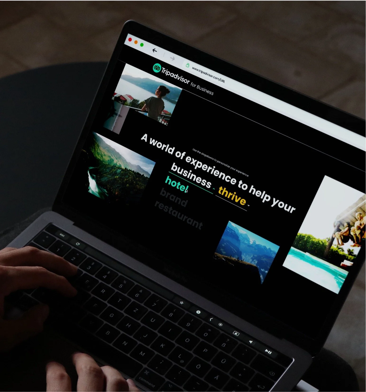 Person using a laptop displaying Tripadvisor for Business webpage highlighting services to help hotels, brands, and restaurants thrive. Various travel-related images are visible on the screen.