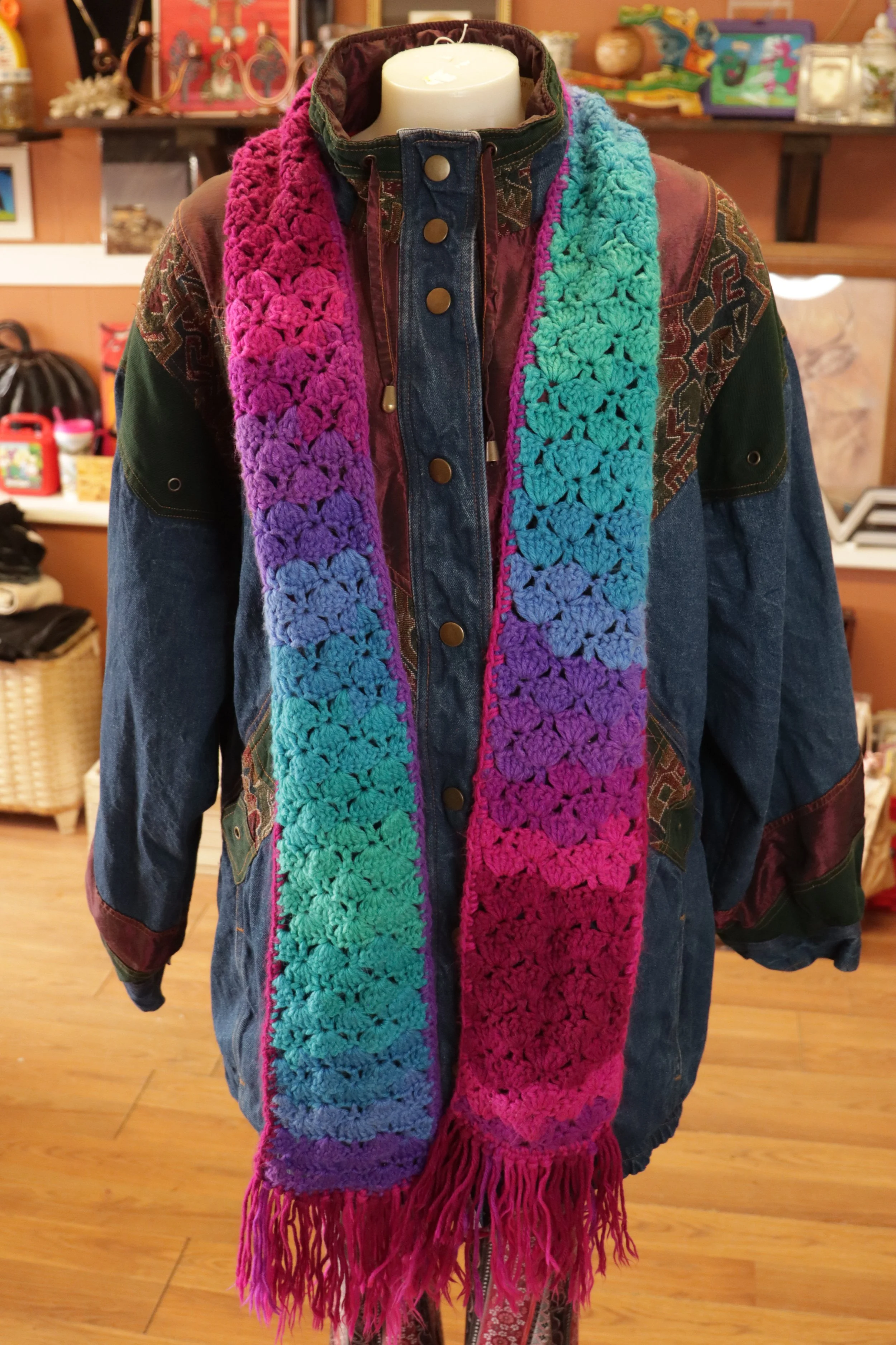 Hand Crochet Rainbow Fringe Scarf