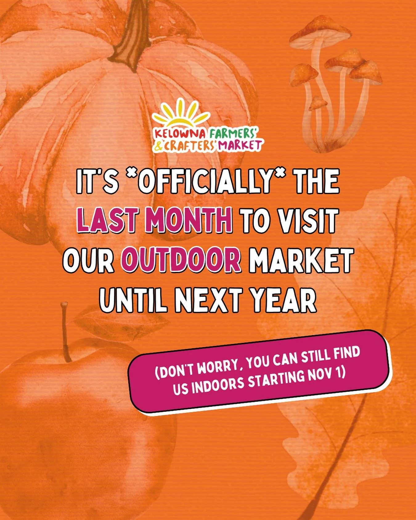 This is your sign to soak up the last little bit of our outdoor market this month!

Wednesday, October 29th, will be our last outdoor market at Landmark, then we will head indoors on November 1st at Parkinson Rec until next year!

🍁 See you at the M