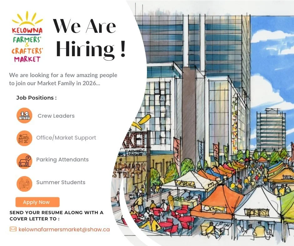 Exciting Opportunities to Join the Kelowna Farmers &amp; Crafters Market Team in 2026.
Have you ever thought about being part of the Kelowna Farmers &amp; Crafters Market Team?
Our awesome Farmers Market is a non-profit, volunteer driven organization