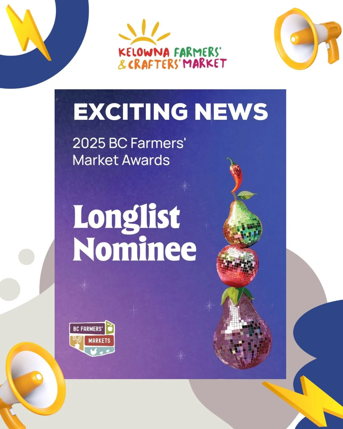 We are excited to be part of the longlist of  nominees for the BCAFM 2025 BC Farmers Markets Awards. We will keep you posted if any of the nominees are placed on the shortlisted. Thank you for all the nominations from our amazing market family. Good 