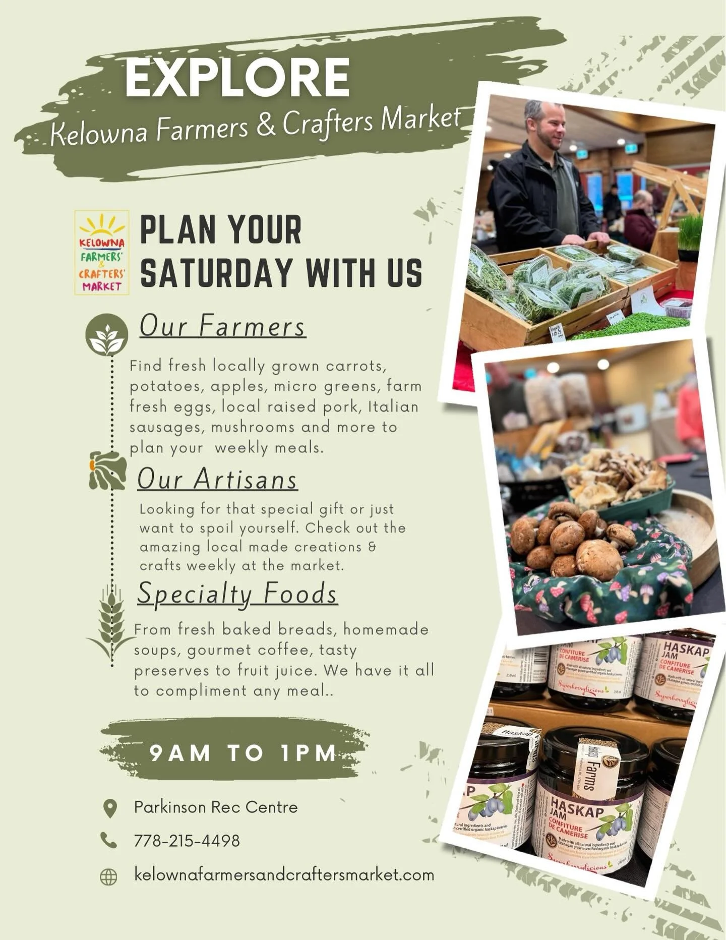 Come explore @kelownafarmersmarket this Saturday.
Over 45+  local makers &amp; shakers bringing you fresh local produce, handmade artisans creations, specialty foods and more.
.
Meet up with friends and family, wander through the market with a fresh 