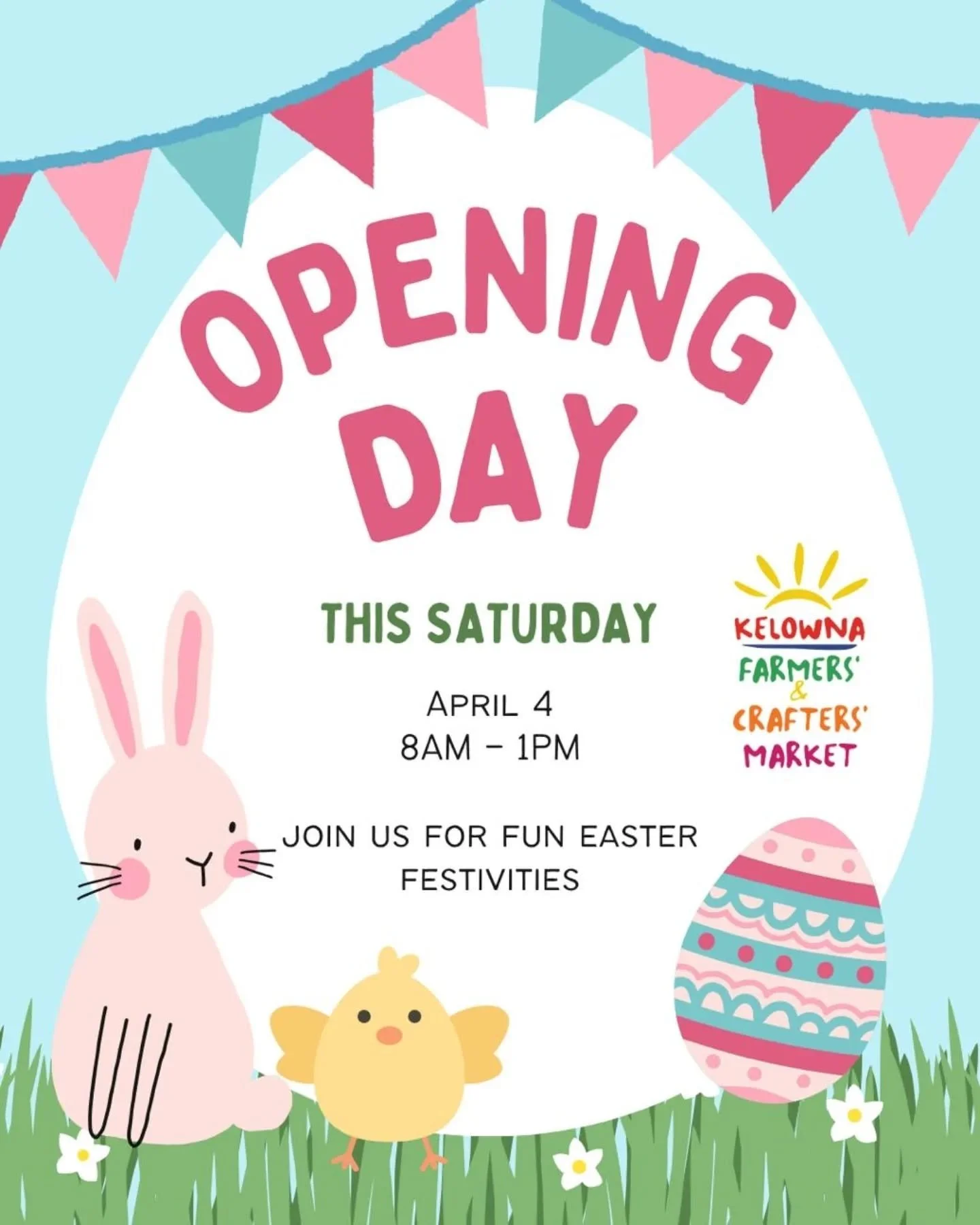 Opening Day is near🌷

Join us tomorrow for a day full of food, community, and family fun!

🐰 Easter Scavenger Hunt (with prizes!)
🥚 5 Golden Eggs hidden around the market
🎨 Kids Zone with egg decorating + colouring
📸 Easter photo booth
🎶 Live m