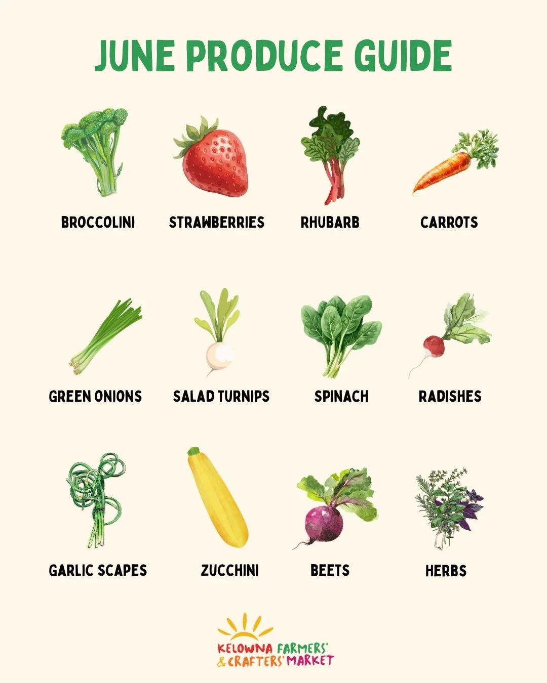 What&rsquo;s in season in June? 🍓

From strawberries and zucchini to garlic scapes and broccolini, here&rsquo;s what&rsquo;s in season at the market this month.

Save this as your June market cheat sheet.

#eatlocal #inseason #kelowna #kelownafarmer