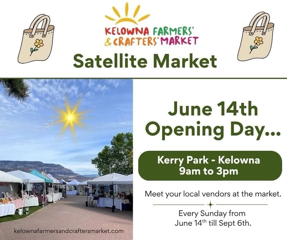 The countdown is on! 

The @kelownafarmersmarket is getting excited as we prepare for the Opening Day of our Satellite Market this Sunday, June 14th at beautiful Kerry Park!

Join us from 9:00 AM to 3:00 PM and spend your Sunday shopping local with m