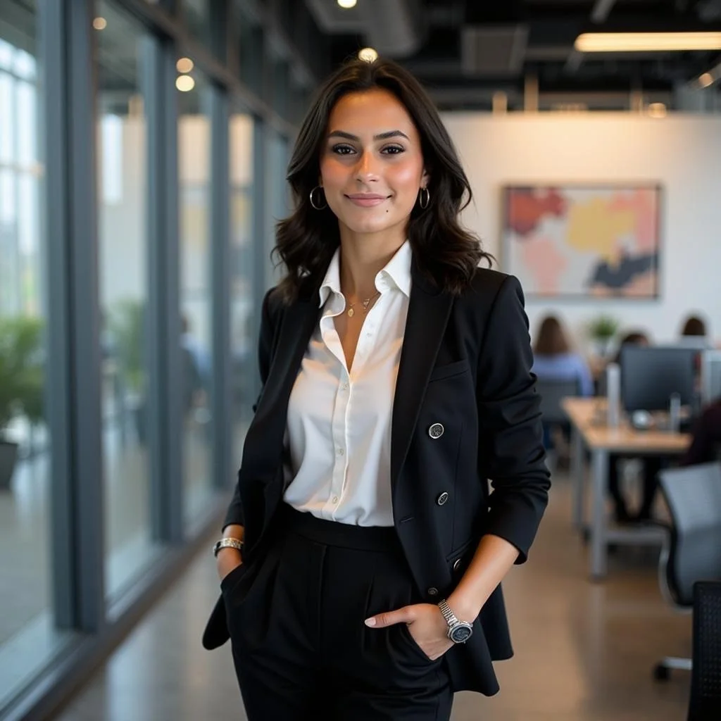 Confident woman in business attire standing in a modern office.