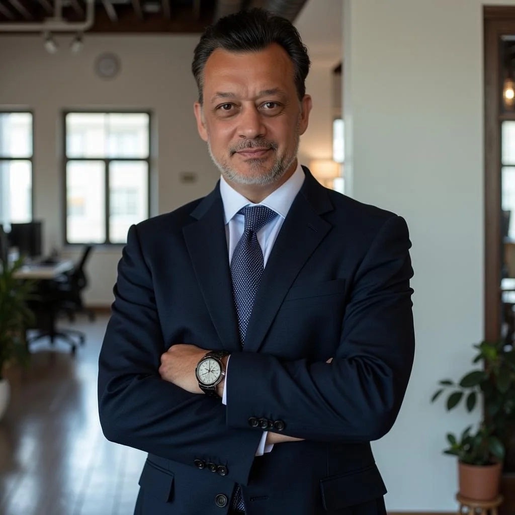 Businessman in office wearing a suit and tie, arms crossed, with watch on wrist.