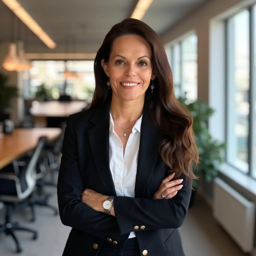 Businesswoman in office, wearing black suit, smiling with arms crossed, standing in a modern workspace with tables and chairs.
