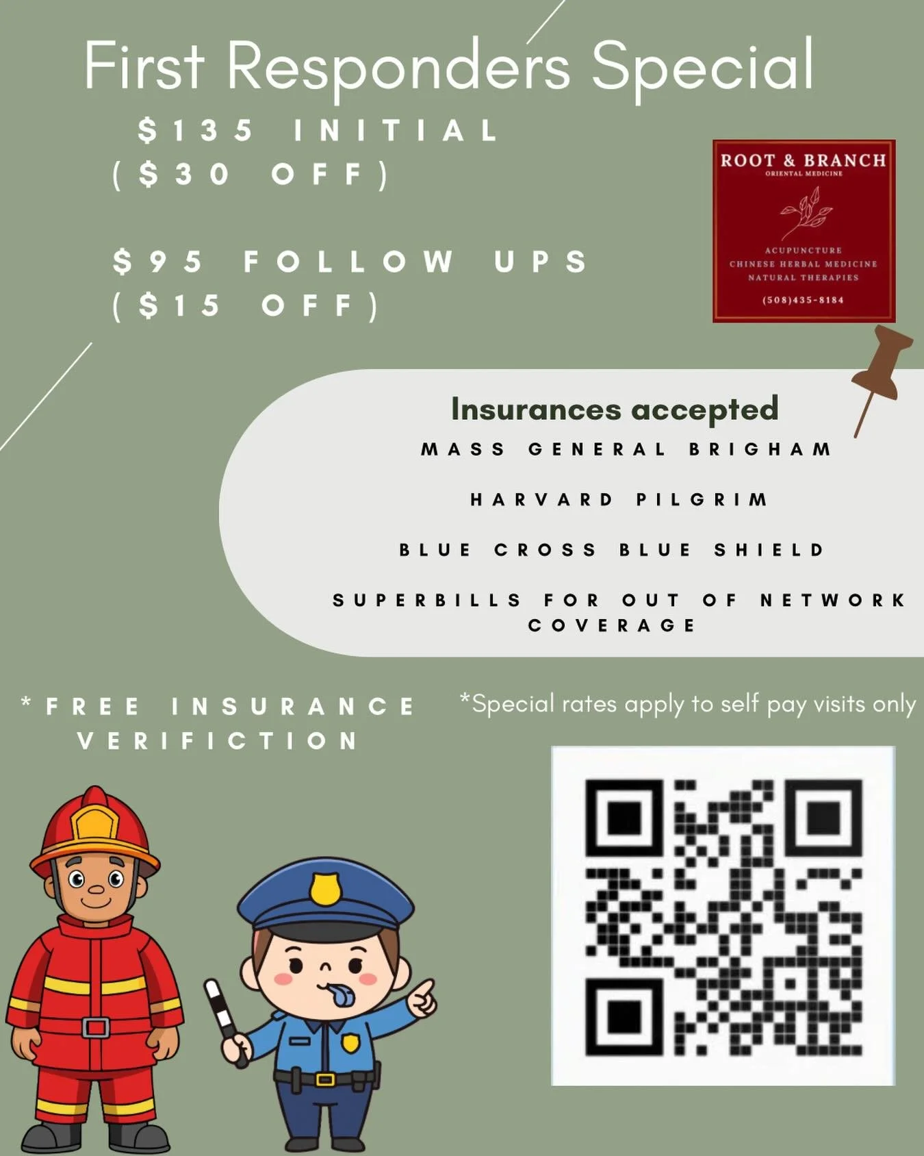 🚒👮 Calling all First Responders &mdash; this one&rsquo;s for YOU! 👮🚒
You show up for us every single day. Now let us show up for you. 💚
Root &amp; Branch Oriental Medicine is proud to offer exclusive discounts for our heroes:
🌿 $135 Initial Vis