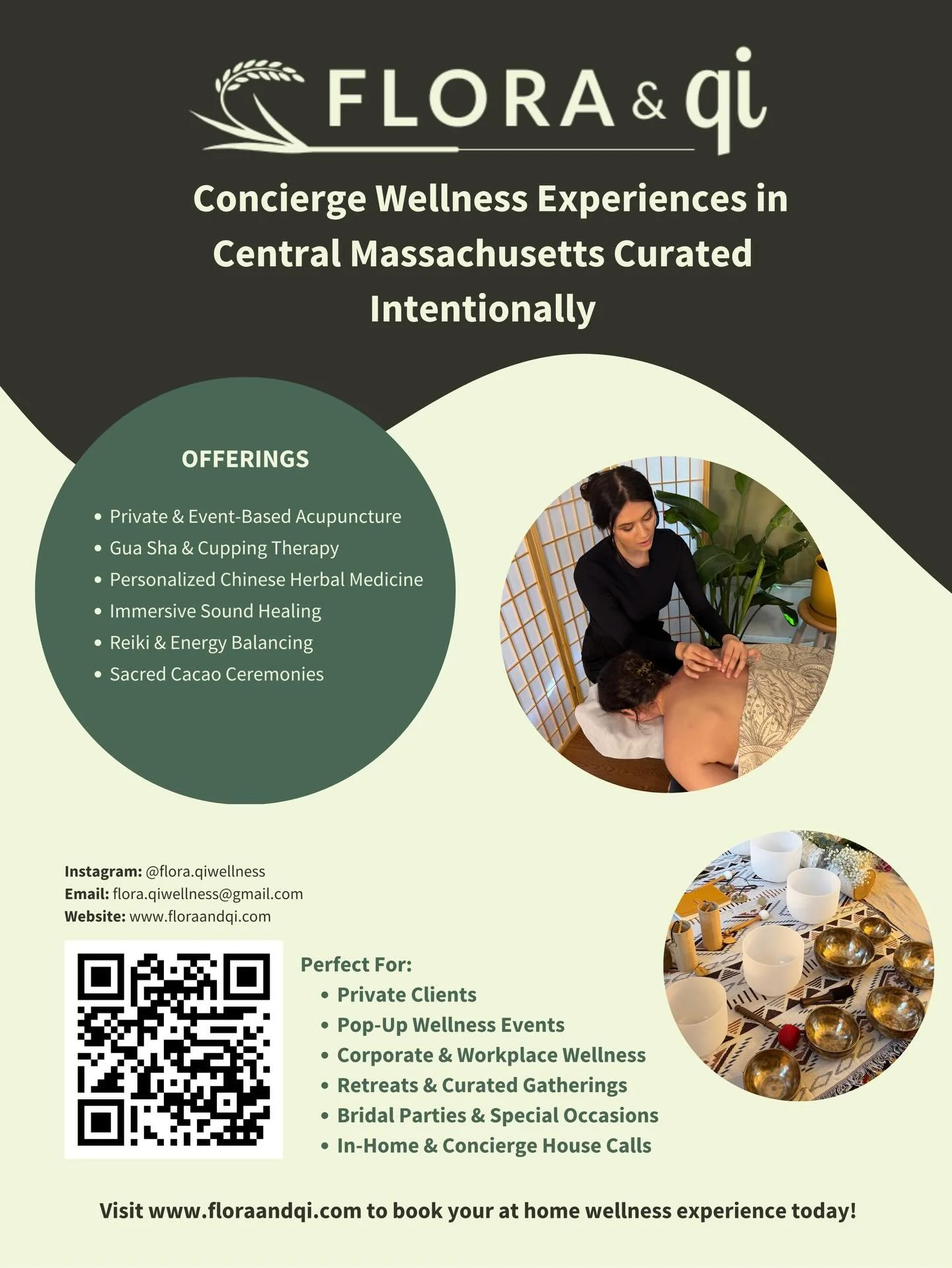 Your wellness, delivered to you. 🌿
Flora &amp; Qi brings concierge Chinese medicine and healing arts directly to your door &mdash; no waiting rooms, no rushing, just intentional care curated around you.
Whether you&rsquo;re looking to regulate your 