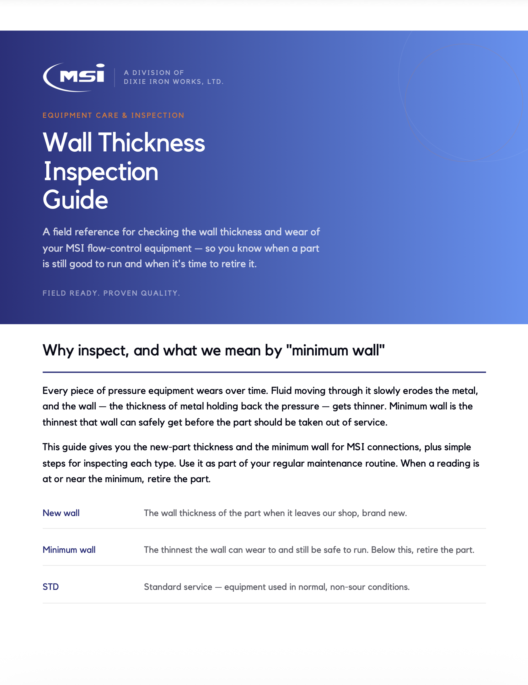 The first page of the Minimum Wall Inspection Data PDF. Wall Thickness Inspection Guide. A field reference for checking the wall thickness and wear of your MSI flow-control equipment - so you know when a part is still good to run and when it's time