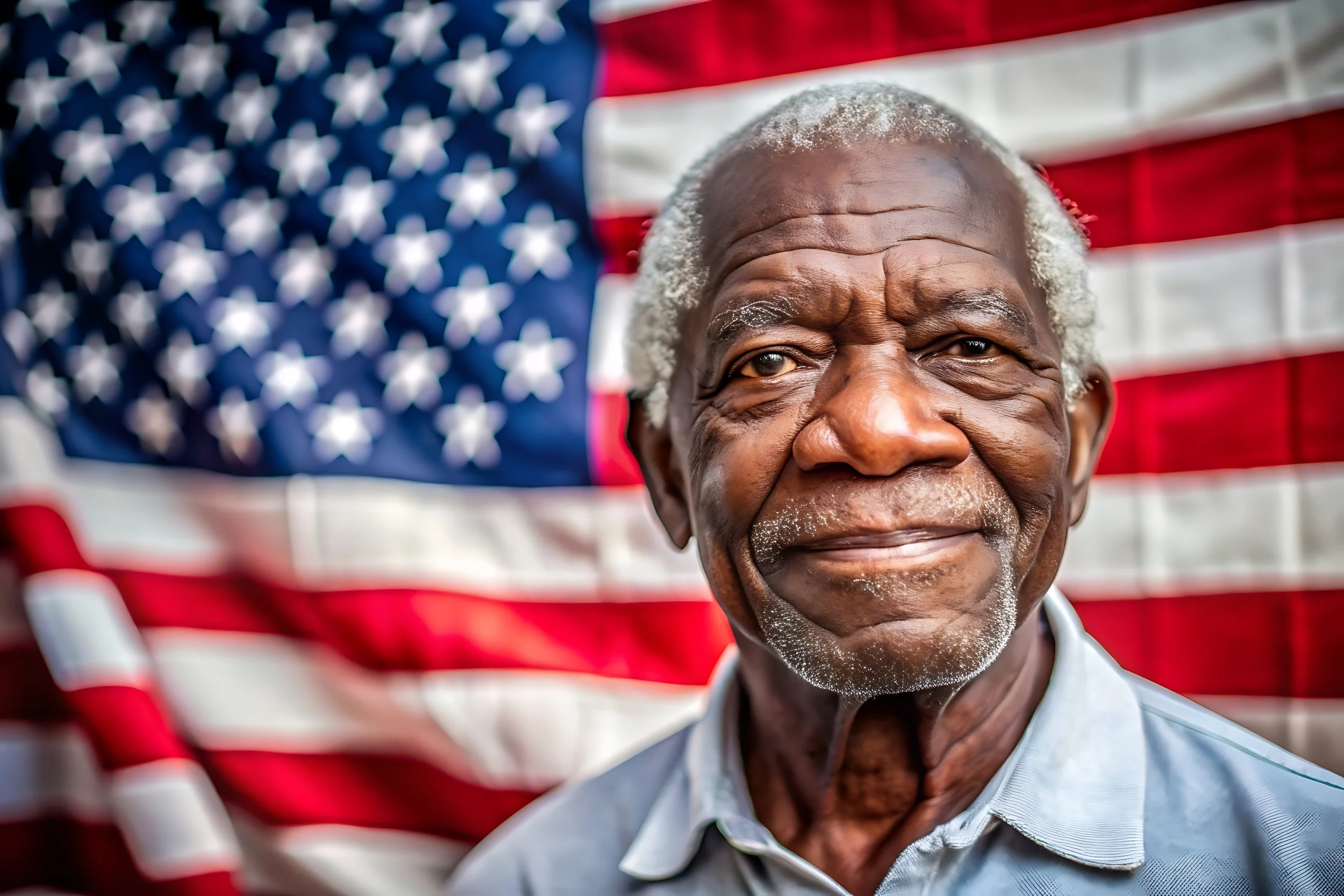 Close-up portrait of an elderly man with a gentle smile in front of a blurred American flag.
