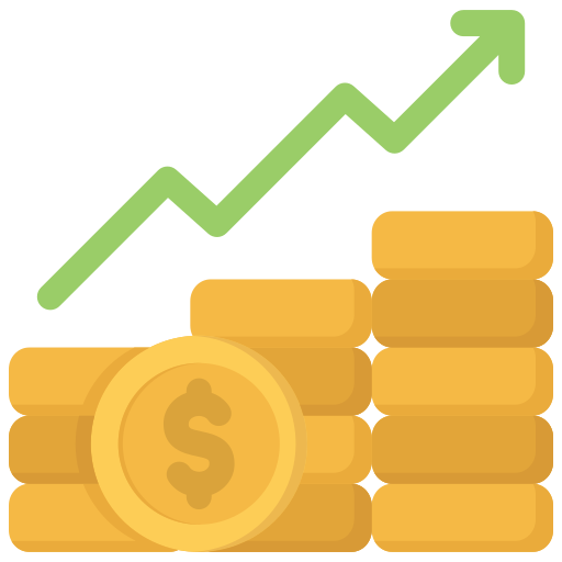 Illustration of stacked gold coins with a dollar sign, and an upward trending arrow indicating financial growth.