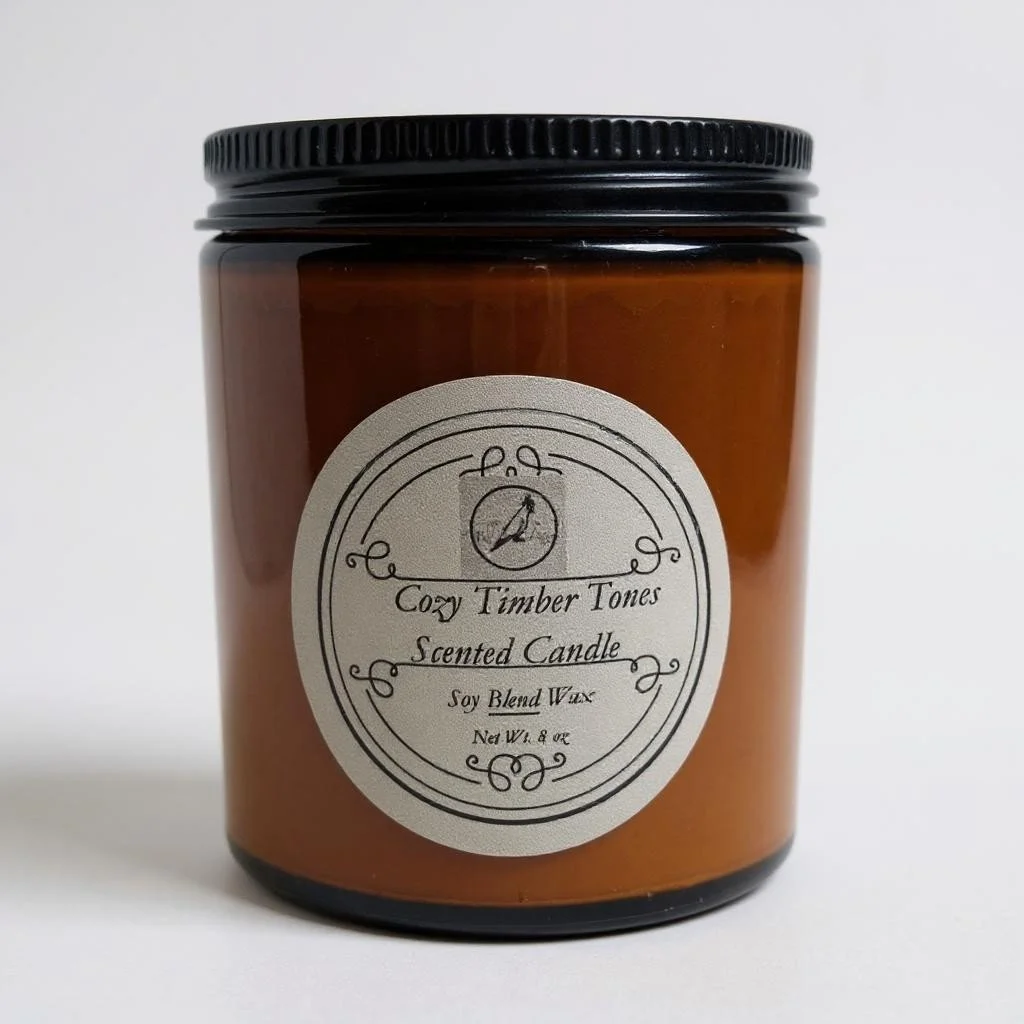 TnJ’s Shop Cozy Timber Tones Soy Blend Candle – 8oz amber glass jar with 30+ hours burn, handmade hand-poured scented candle