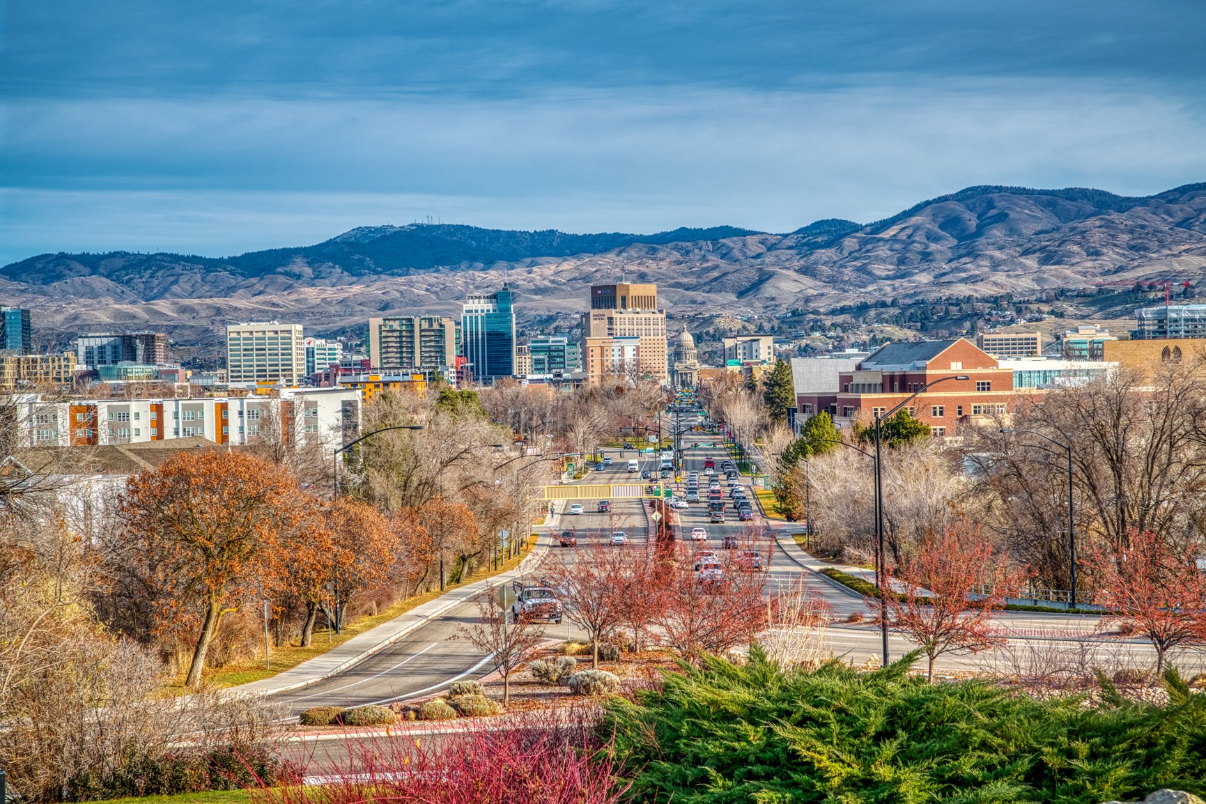 Boise cityscape, Boise Idaho, aerial photography, drone photography, Idaho State Capitol, Boise skyline, downtown Boise, city and mountains, Boise foothills, urban landscape, city streets, Capitol building, Treasure Valley, Idaho mountains, city view