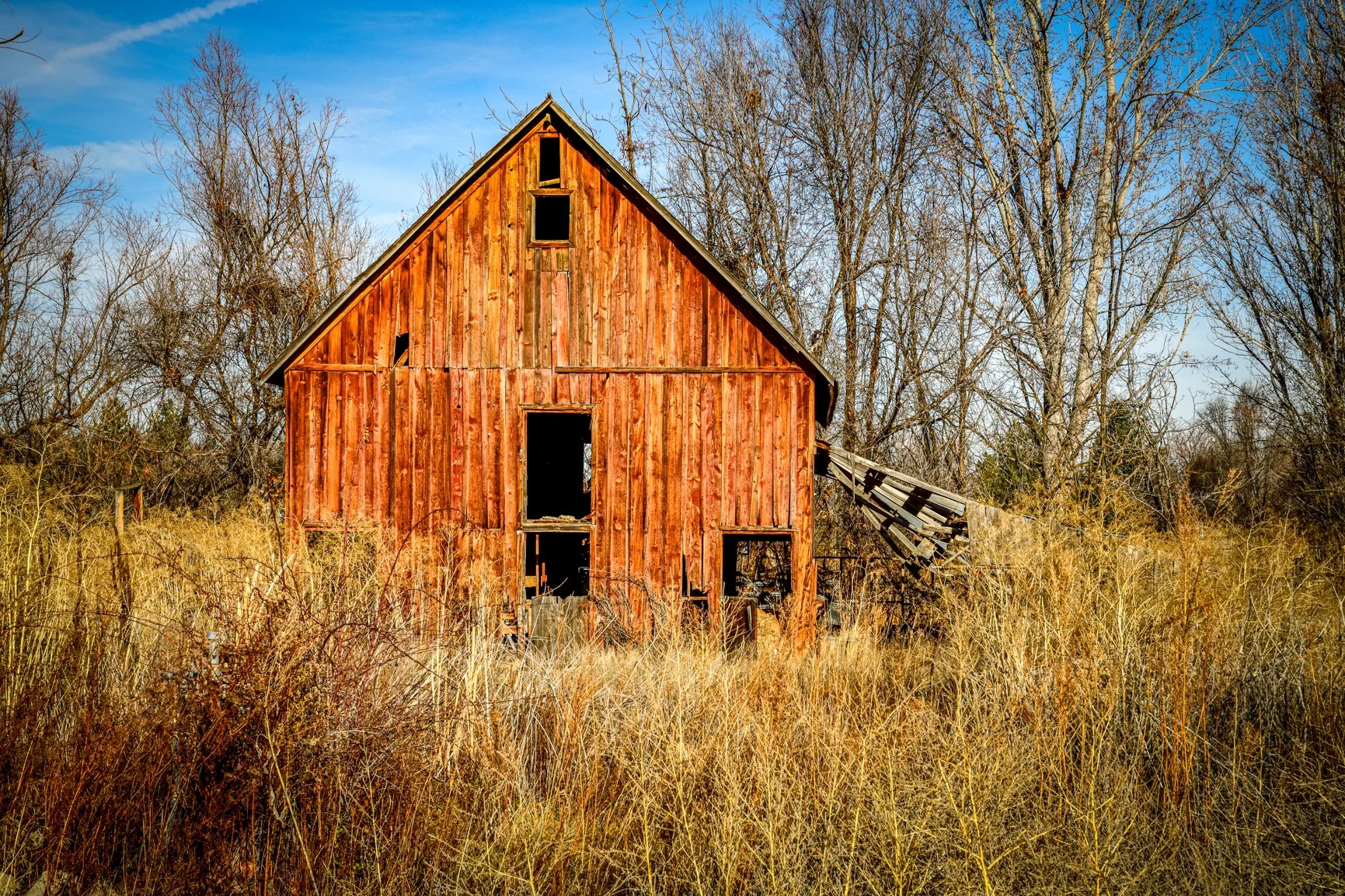 Standing quietly amid tall grasses and bare winter trees, this rustic barn in Star, Idaho reflects the enduring character of rural life in the Treasure Valley. Its sun-worn red wood and simple geometry speak to years of changing seasons, hard work, a
