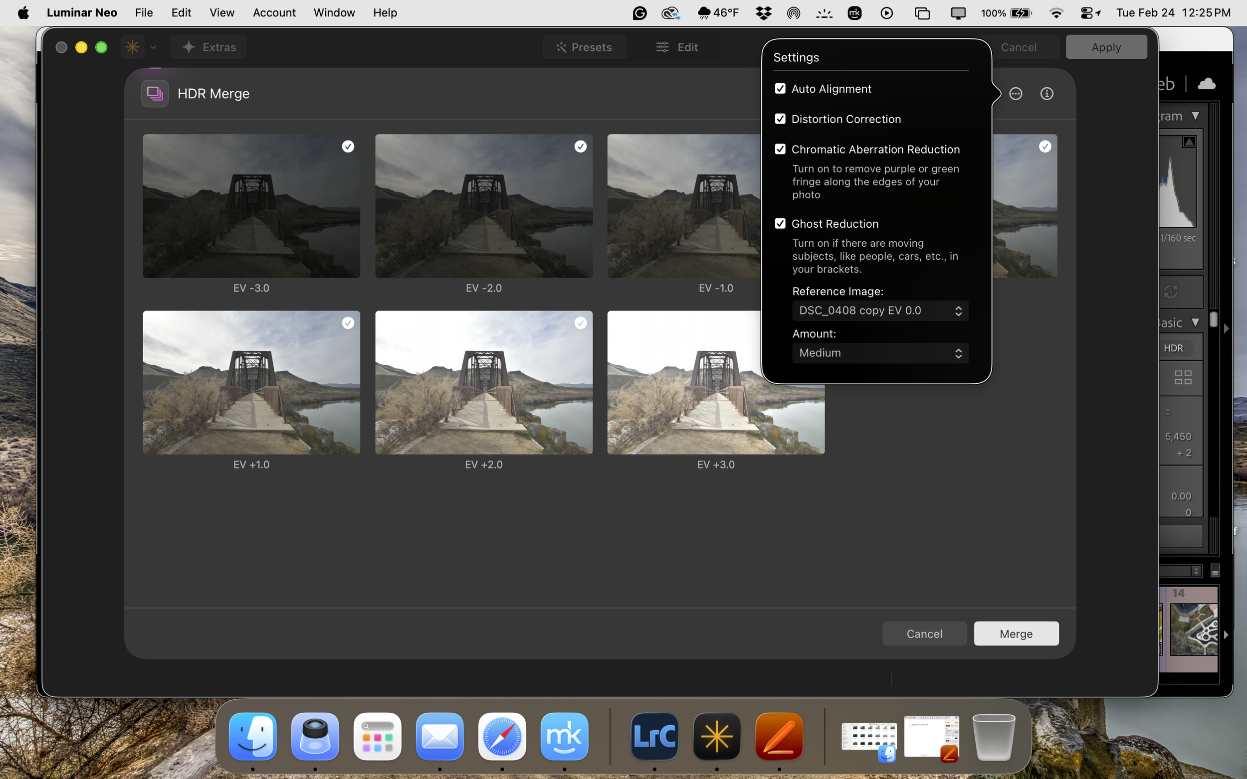 Seven exposure bracket sequence of Guffy Walking Bridge in Melba Idaho for HDR landscape photography