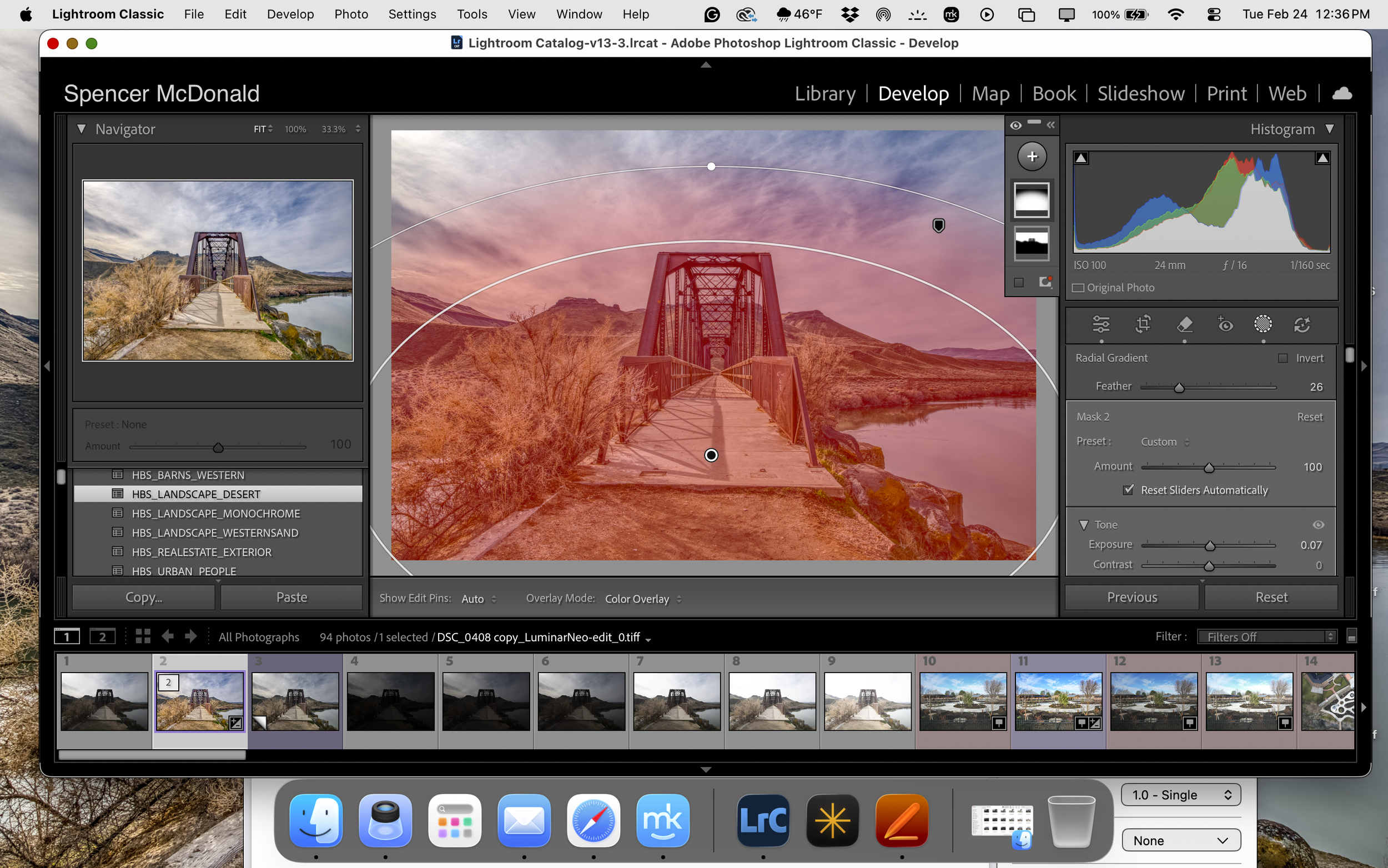 Radial gradient mask adjustment in Lightroom to enhance symmetry of Guffy Walking Bridge photo