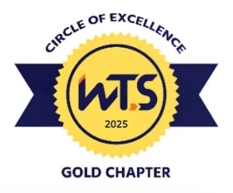 Emblem with a yellow circular badge with a black outline, containing the text "WTS 2025" and a small red and yellow icon. Above, curved text reads "CIRCLE OF EXCELLENCE" and below,