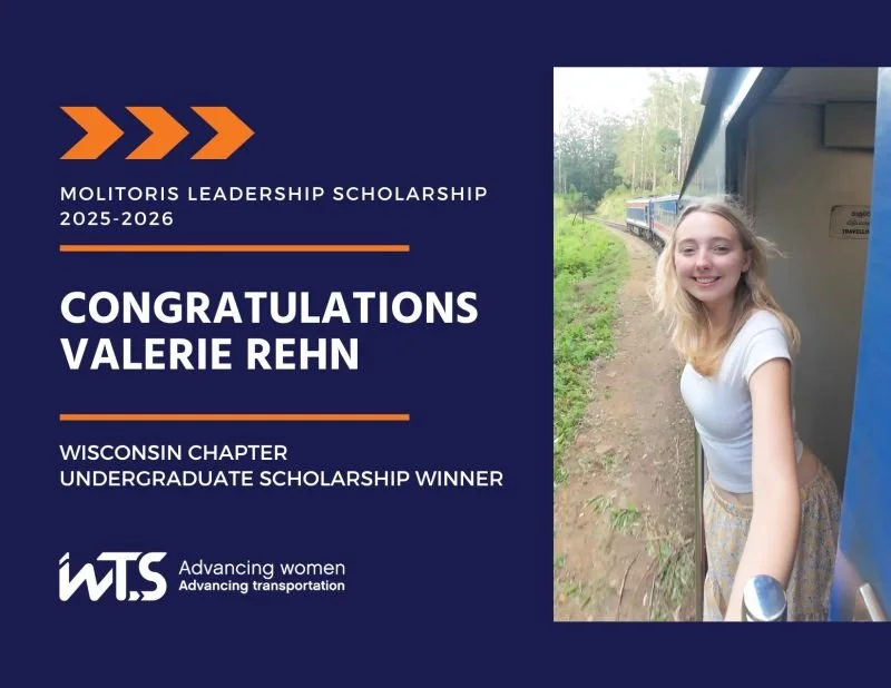 Scholarship recognition card for Valerie Rehn from the Molitoris Leadership Scholarship 2025-2026, Wisconsin Chapter, undergraduate winner, with a photo of her smiling outside the window of a train.
