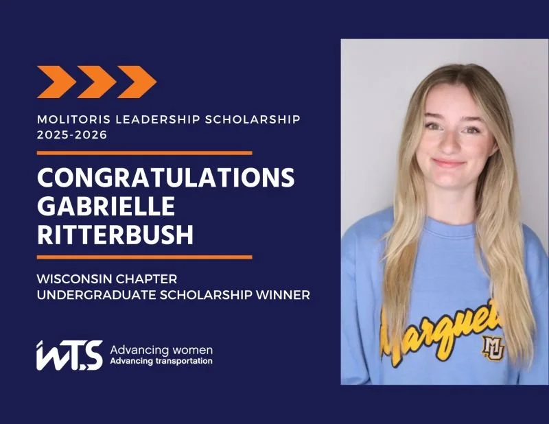 Scholarship recognition card for Gabrielle Ritterbush, Wisconsin chapter undergraduate scholarship winner, featuring a photo of her with long blonde hair in a blue Marquette University sweatshirt.