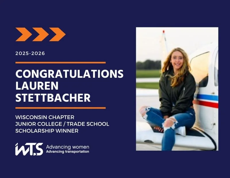 Scholarship recognition card for Stettbacher as the Wisconsin chapter scholarship winner, featuring a photo of her sitting on a small airplane runway with a small aircraft in the background.