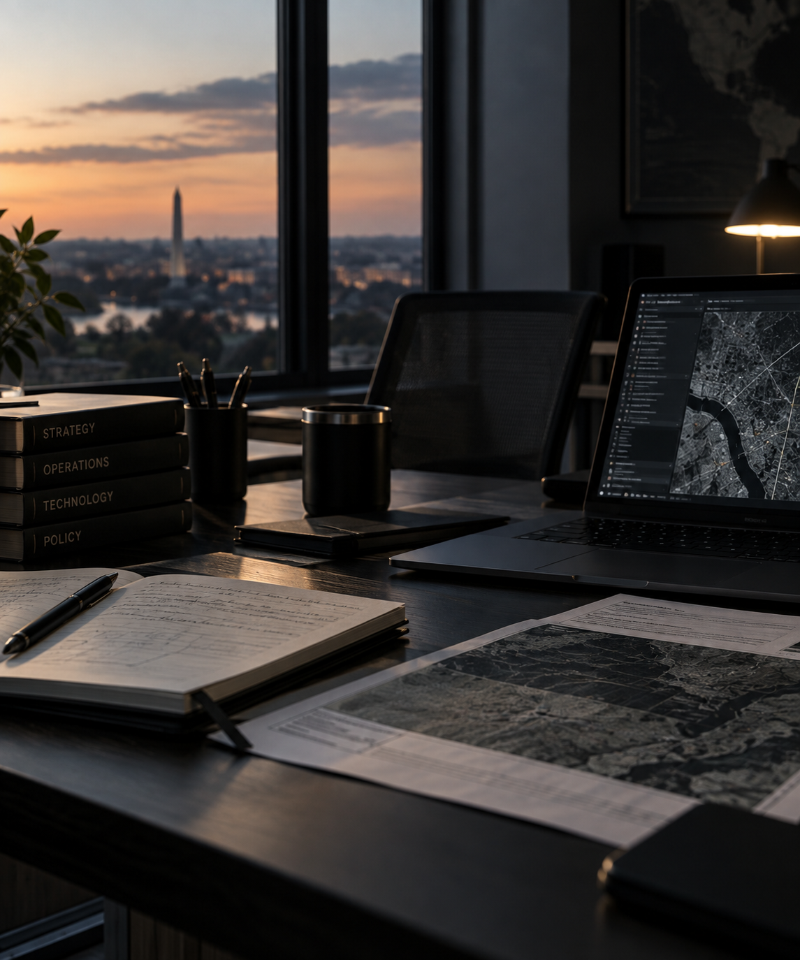 Office desk with notebooks, pens, laptop displaying a map, surrounded by documents, with a sunset view through large windows showing the Washington Monument in the distance.