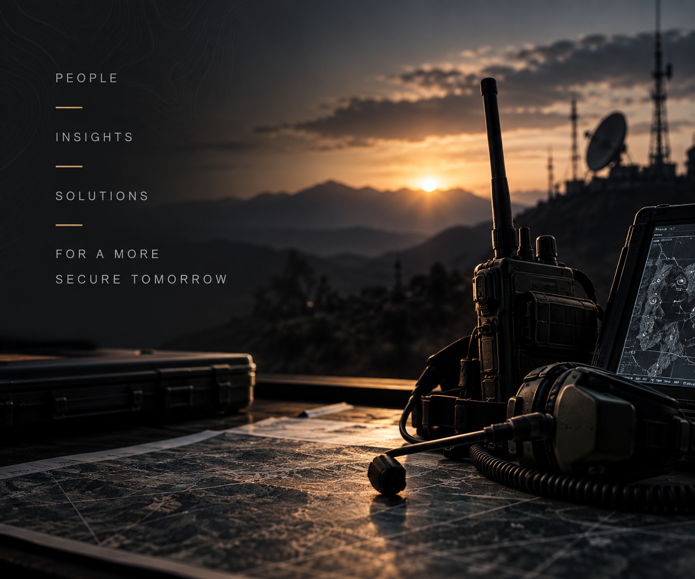 Military radio devices and a map on a table with a sunset and mountains in the background.
