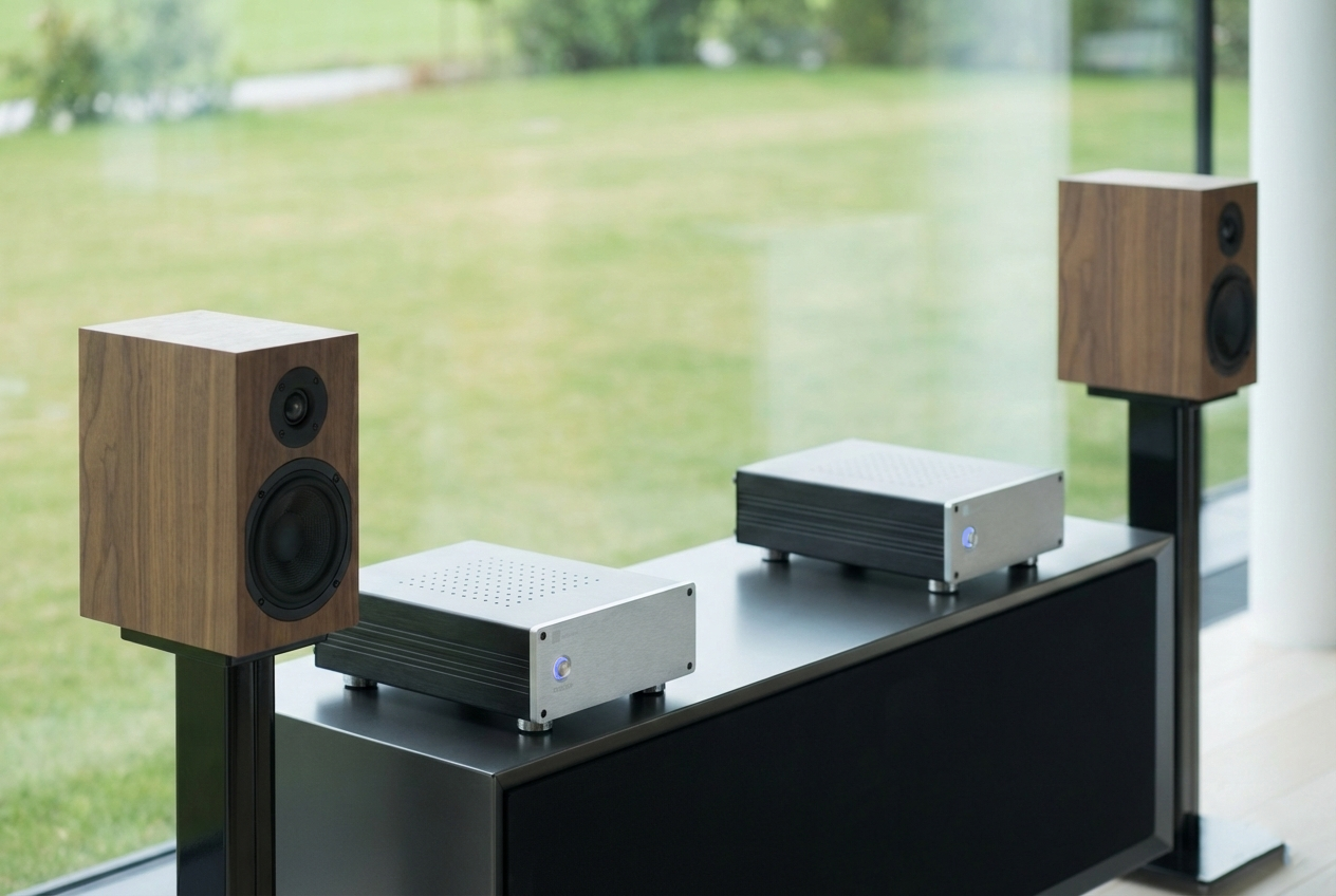 Sistema de sonido con altavoces de madera y amplificadores en una mesa junto a una ventana con vista a un jardín.