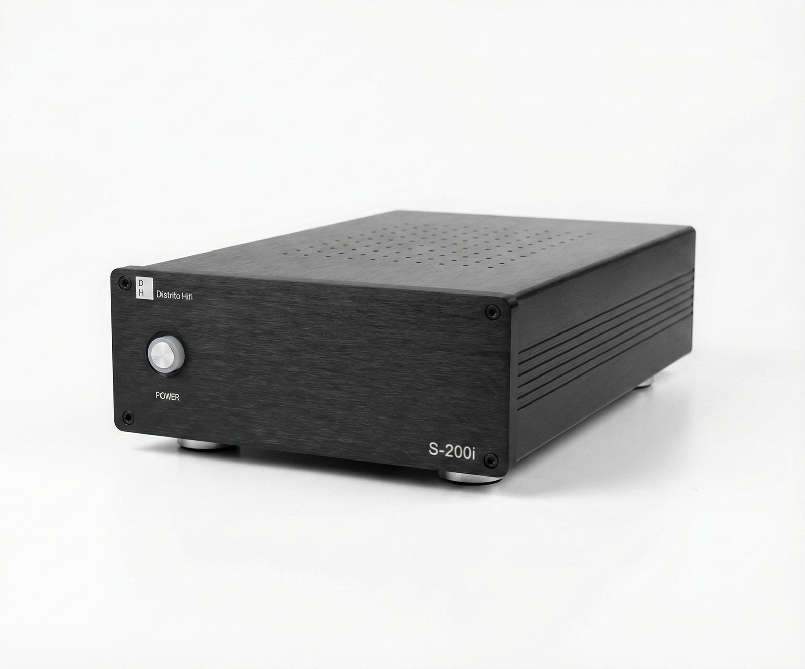 Amplificador de audio en color negro con botón de encendido y la etiqueta 'S-200i' en la esquina inferior derecha.
