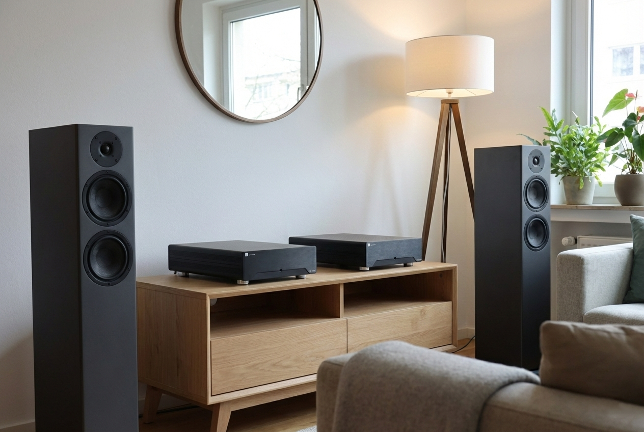 Sala de estar con altavoces grandes, mesa de madera con dos componentes electrónicos, lámpara de pie, espejo redondo, ventana con plantas en el alféizar y sillón beige.