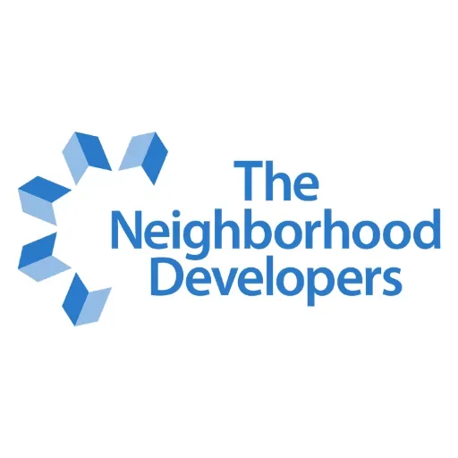 Logo for The Neighborhood Developers featuring a blue geometric circle and the organization name in blue text