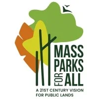 Logo for Massachusetts Parks for All featuring an abstract tree and mountain design in green, orange, and yellow.