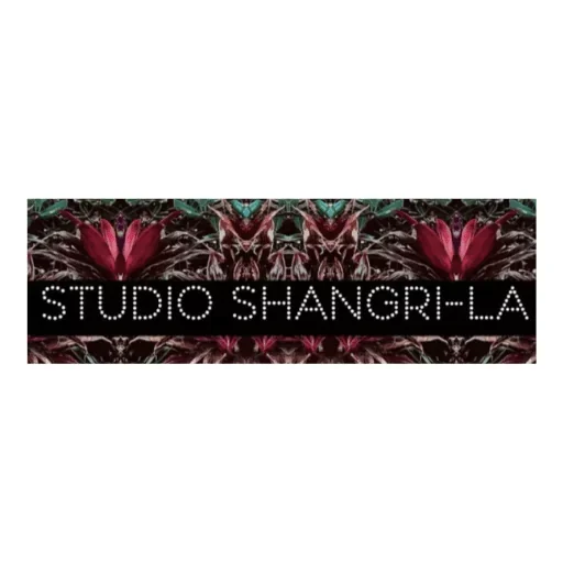 A logo for Studio Shangri-La with a background of symmetrical floral patterns in pink and green, and the studio name in white dotted letters.
