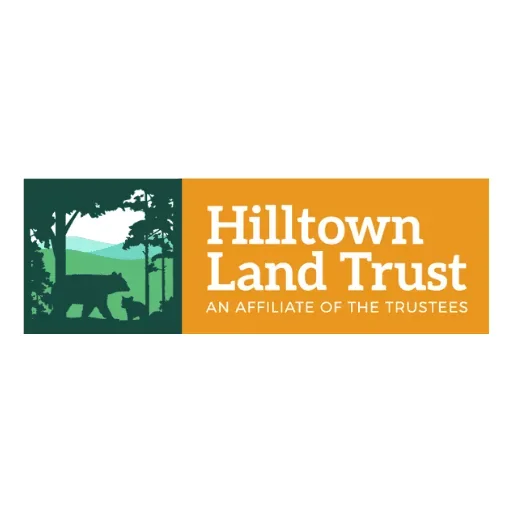 Logo for Hilltown Land Trust featuring a bear silhouette in a forest scene with mountain background and the text 'Hilltown Land Trust - An Affiliate of The Trustees'.