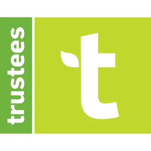 Logo for Trustes featuring a white lowercase 't' with a leaf on the top left, on a green background, with the word 'trustees' written vertically on the left side.