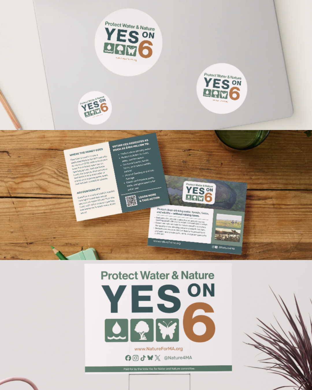Stickers and flyers promoting water and nature preservation with the slogan "YES ON 6" and icons of water, a tree, and a butterfly, along with a website URL and social media icons.