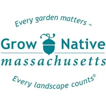 Logo with text 'Every garden matters ~ Grow Native massachusetts' and 'Every landscape counts' with a stylized spade or plant icon in the center.